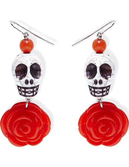 Boucles d'oreilles squelette rose rouge pour adulte blanc et rouge