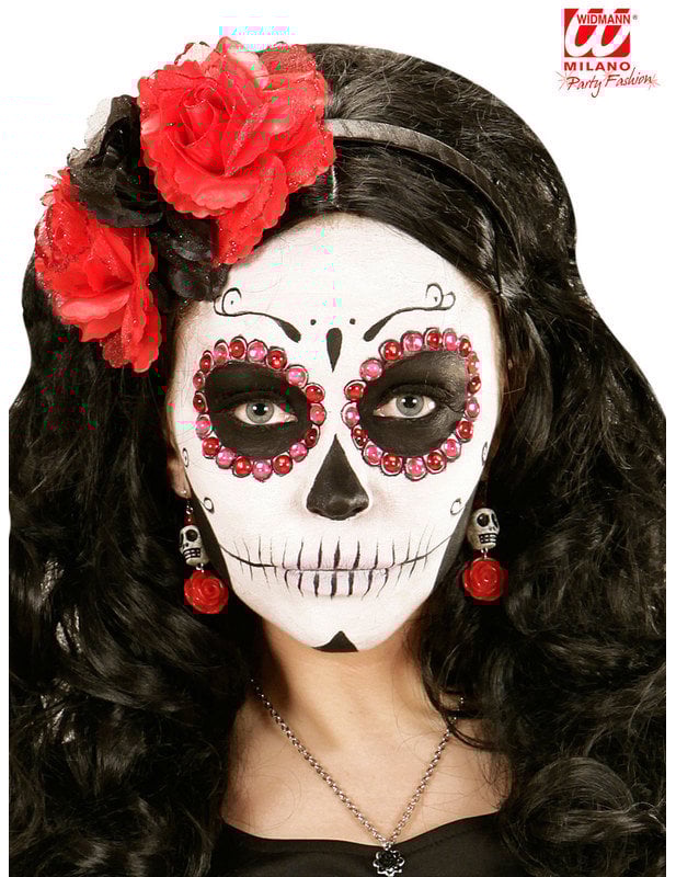 Vue de face des boucles d'oreilles squelette rose rouge pour adulte