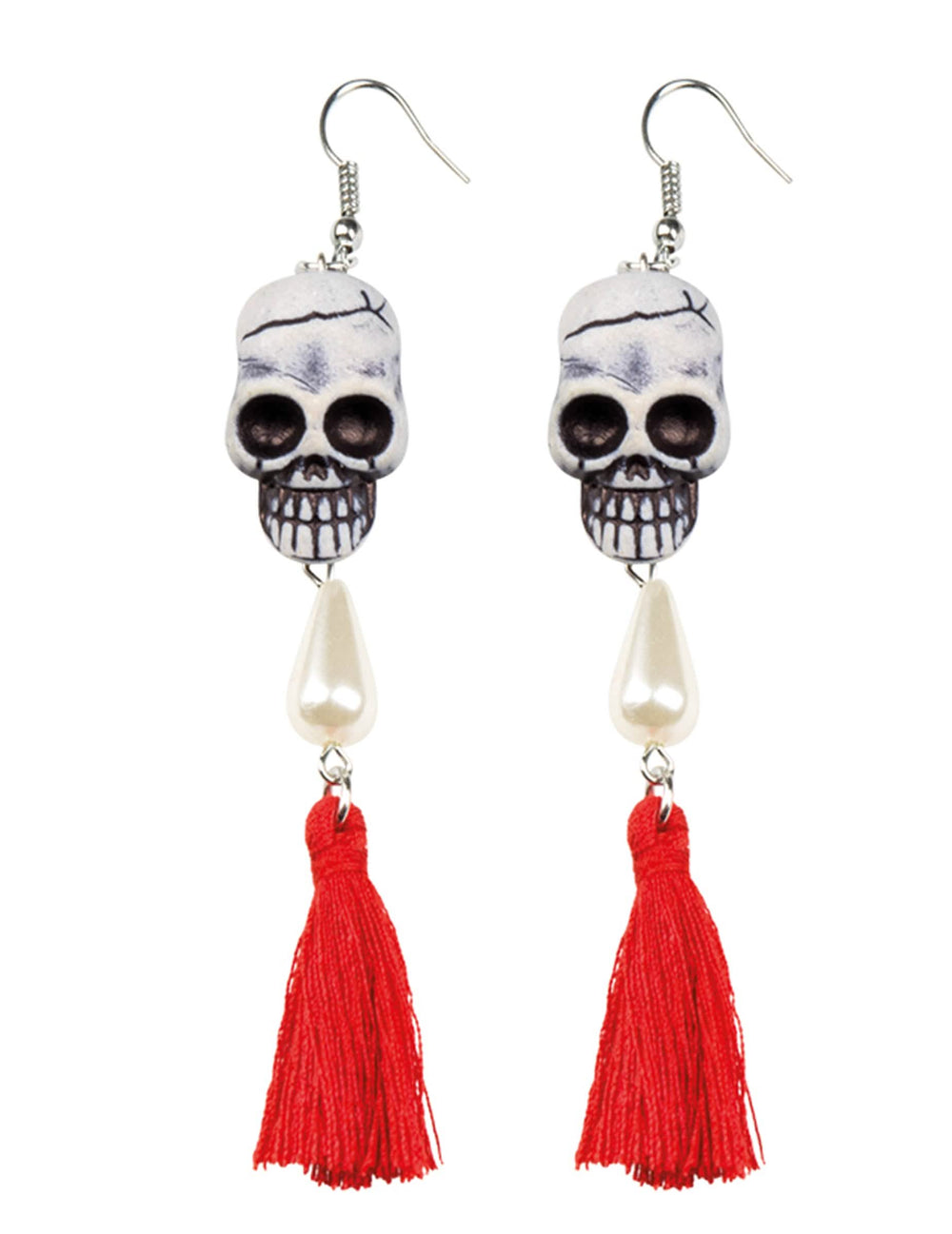 Náušnice s lebkou Dia de los muertos pro ženu červené s pompony a perly