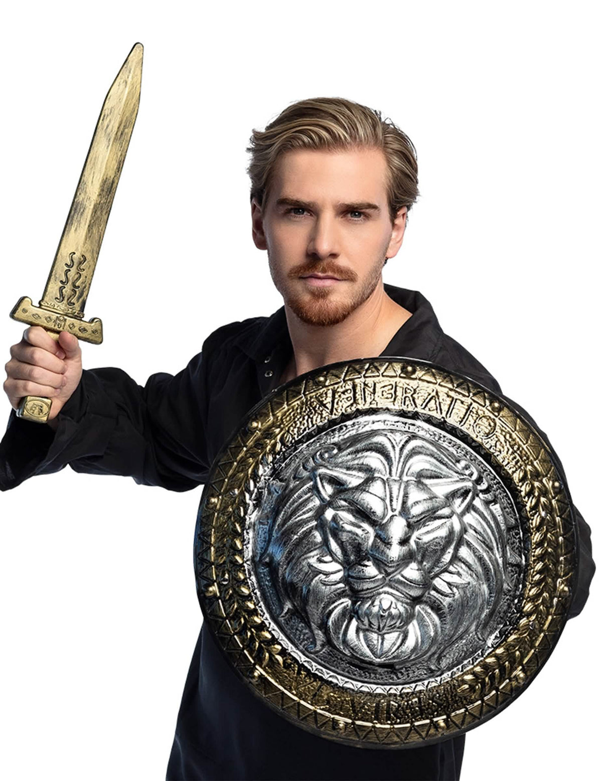 Štít a bojový meč gladiátor pro muže zlatá a stříbrná s hlavou lvi