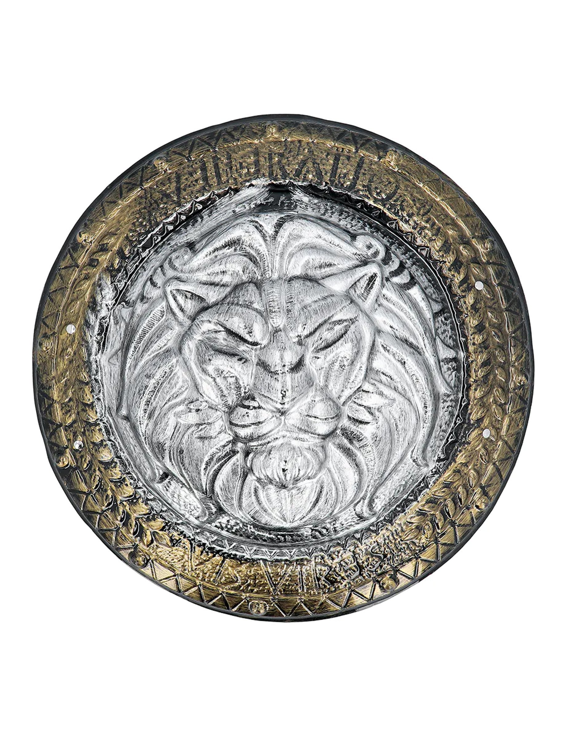 Détail de la tête de lion du bouclier et épée de combat gladiateur