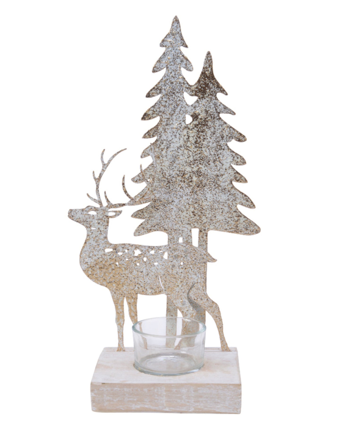 Kovový svícen jeleny a jedle 27 cm s dřevěným podstavcem