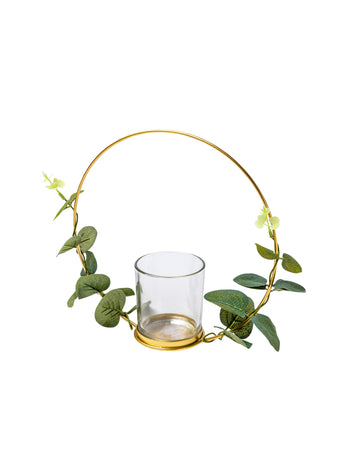 Eukalyptový kovový svícen na čajovou svíčku na zlatém kruhu 22 cm pověsit