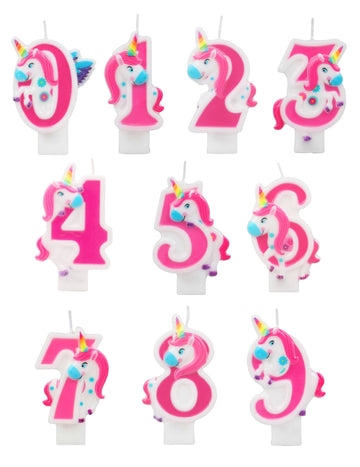 Růžová svíčka s jednorožcem a číslem 14 cm