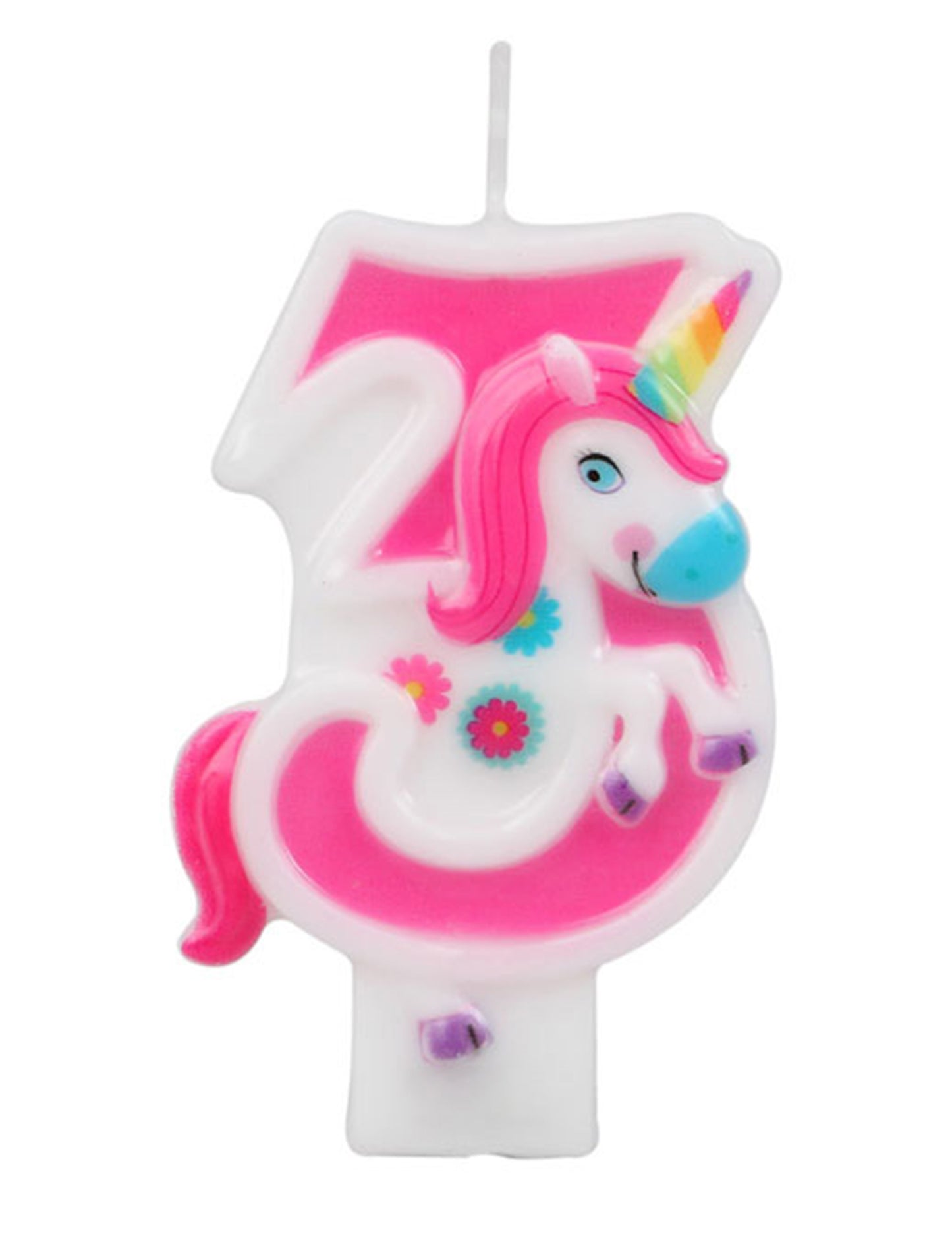 Gros plan sur le chiffre 3 de la bougie chiffre licorne pour anniversaire