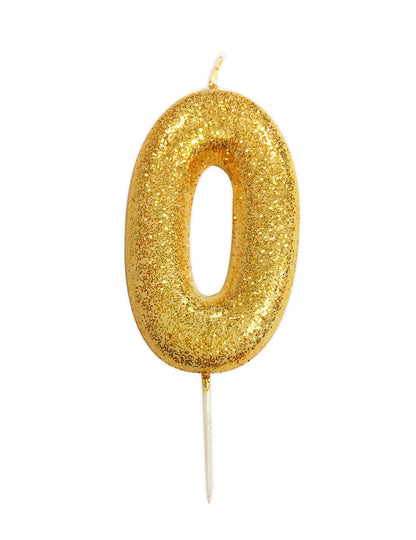 Zlatá svíčka číslo 0 se třpytkami 9 cm