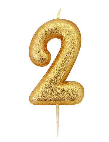 Zlatá třpytivá číslice svíčka 2, 8,5 cm s bodcem 