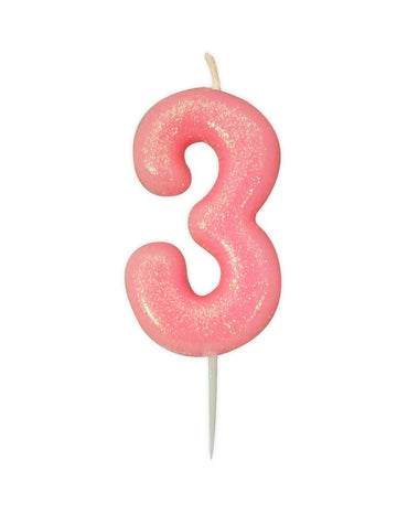 Bougie chiffre 3 pour anniversaire rose irisé à paillettes