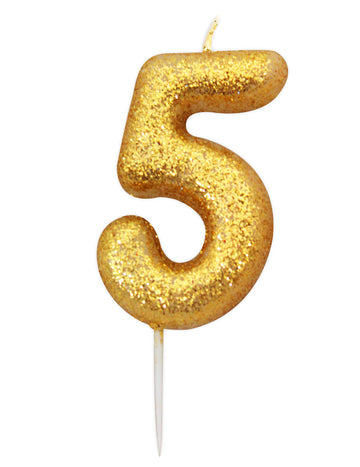 Zlatá třpytivá číslice svíčka 5, 8.5 cm 
