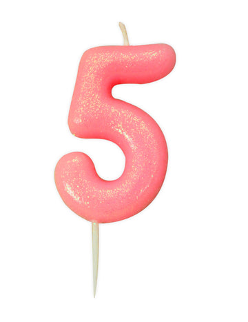 Bougie d'anniversaire chiffre 5 rose irisé à paillettes