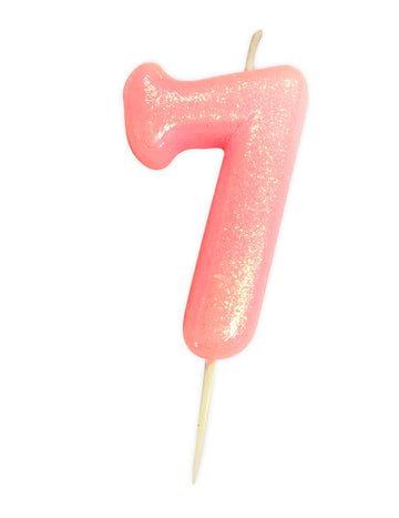 Bougie chiffre 7 pour anniversaire rose irisé et pailletée