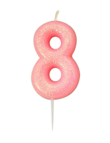 Svíčka ve tvaru číslice 8 růžová duhová 9 cm s třpytkami 