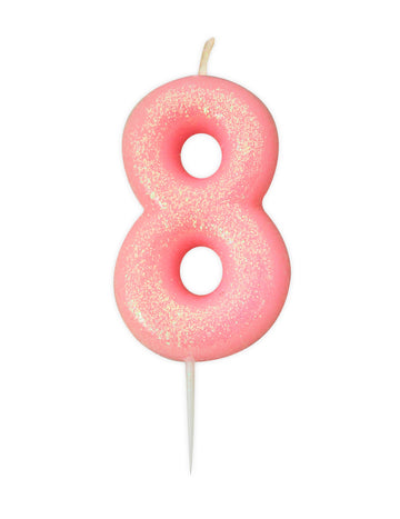Bougie chiffre 8 pour anniversaire rose irisé à paillettes