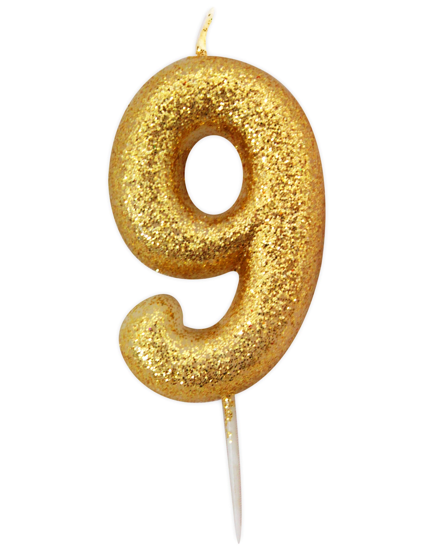 Zlatá třpytivá svíčka ve tvaru čísla 9 na narozeninový dort 