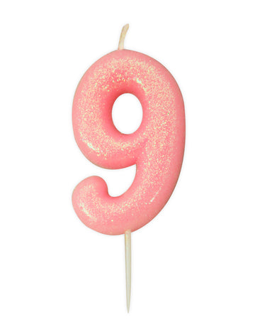 Svíčka číslo 9 růžová duhová 9 cm s třpytkami na dort 