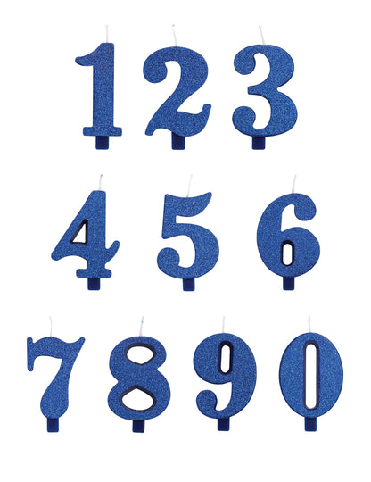 Vue d'ensemble des chiffres de 0 à 9 de la bougie anniversaire chiffre bleue pailletée