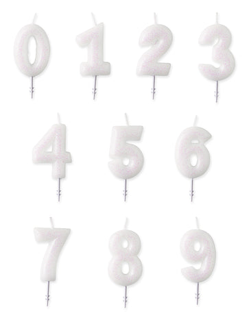 Bílá třpytivá svíčka s číslem 6,5 cm