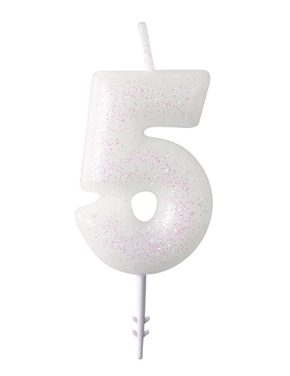 Bílá třpytivá svíčka s číslem 6,5 cm