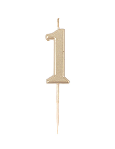 Narozeninová svíčka číslo 1 metalická zlatá 4.3 cm s vrcholem