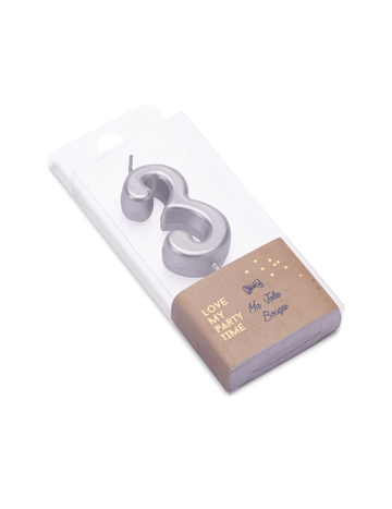 Narozeninová svíčka číslo 3 metalická stříbrná 4.3 cm s rýčem