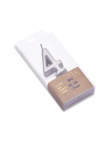 Narozeninová svíčka číslo 4 metalická stříbrná 4.3 cm s vrcholem