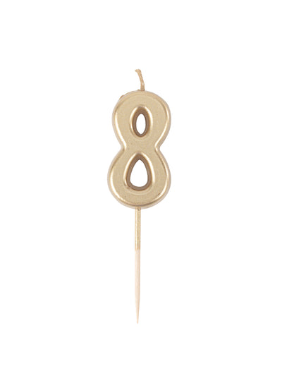 Narozeninová svíčka číslo 8 metalická zlatá 4.3 cm s výběrem dortu