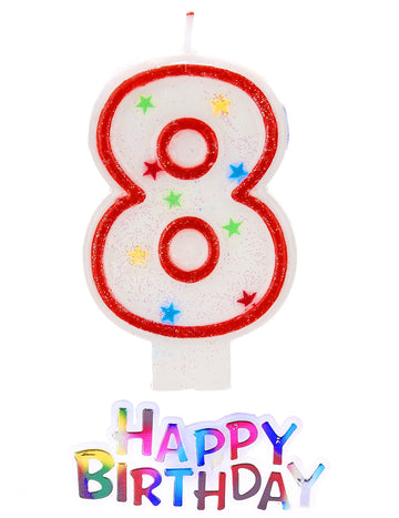 Hvězdná svíčka ve tvaru čísla 8 s dekorací happy birthday 