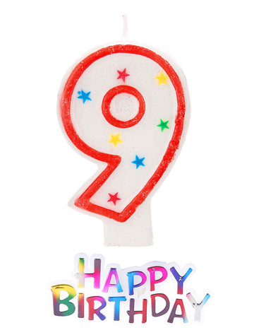 Bílá třpytivá narozeninová svíčka ve tvaru čísla 9 s hvězdičkami 