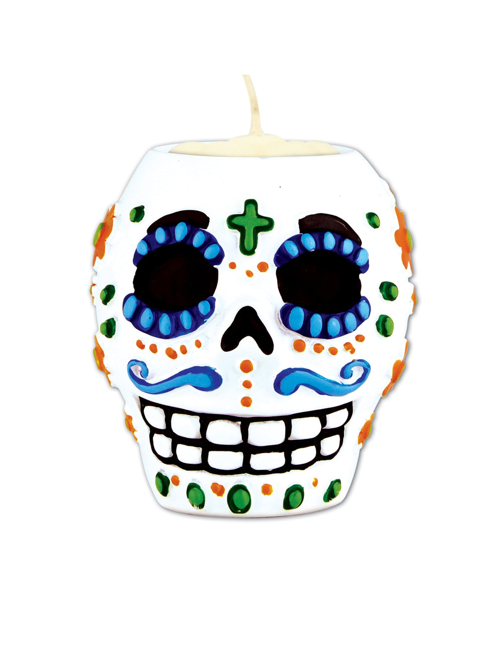 Bougeoir crâne Dia de los Muertos pour fête blanc à motifs colorés