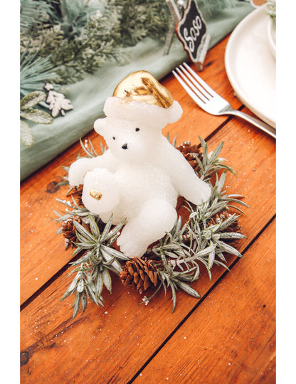 Bílá a zlatá svíčka medvídka 10 cm Vánoce