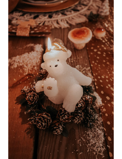 Bílá a zlatá svíčka medvídka 10 cm Vánoce