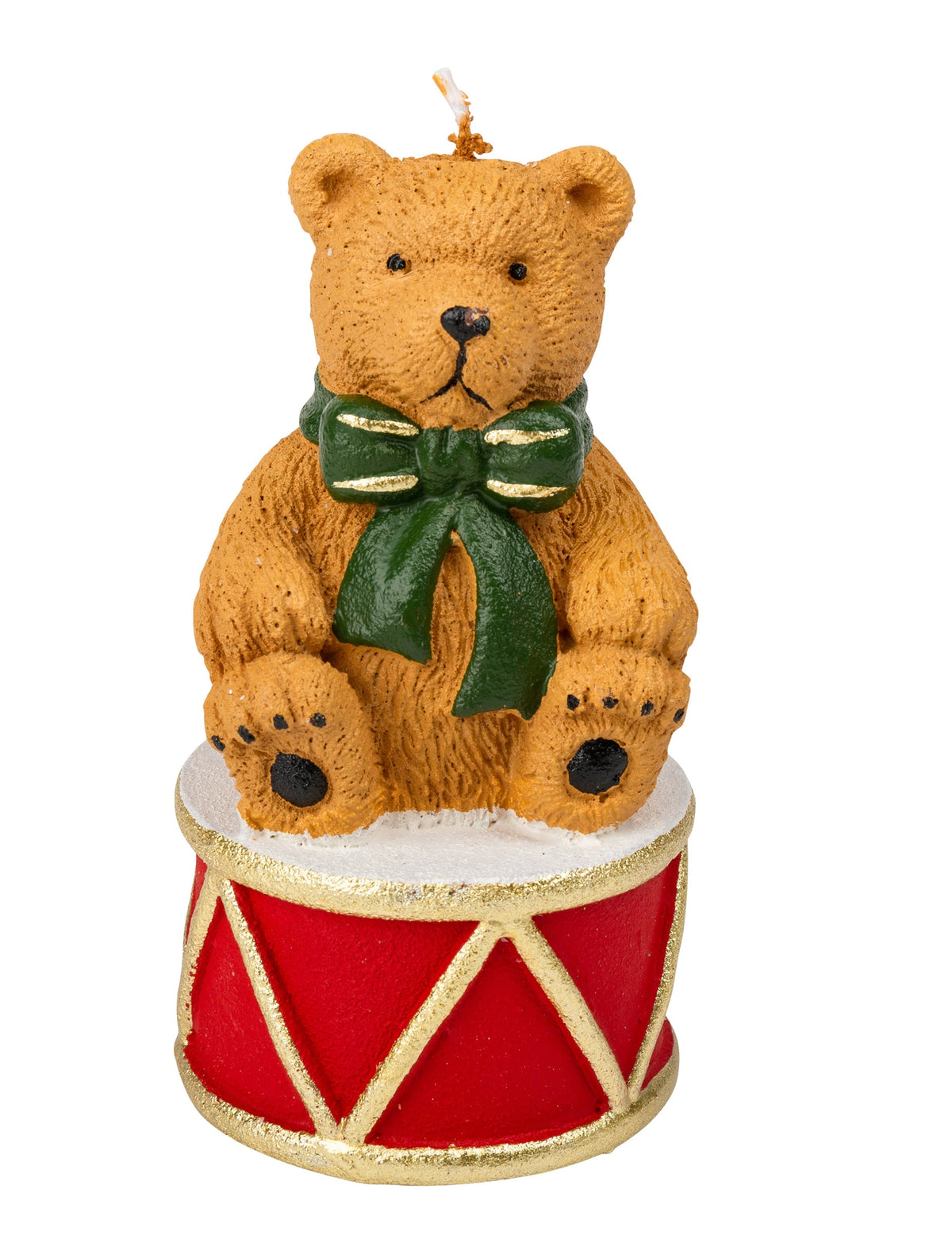 Bougie ourson sur son tambour pour décoration de noël marron avec noeud vert et tambour rouge