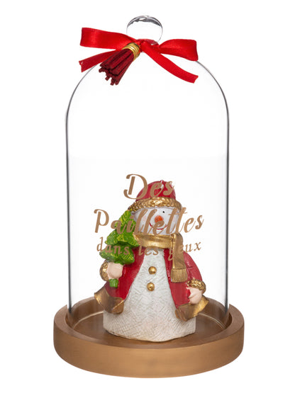 Bougie sous cloche traditionnelle de Noël rouge et or avec bonhomme de neige