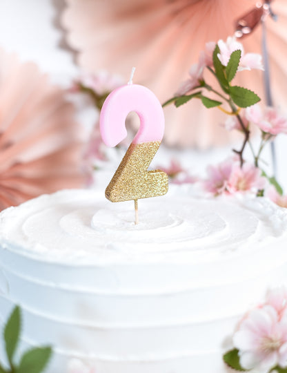 Svíčka na špejli číslo 2 růžové a zlaté třpytky 13.8 cm na dort