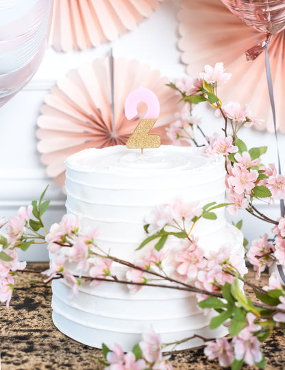 Svíčka na špejli číslo 2 růžové a zlaté třpytky 13.8 cm na dort