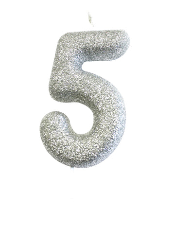Svíčka na špejli číslo 5 třpytivá stříbrná 7 cm na dort