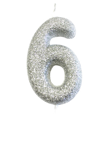Svíčka na špejli číslo 6 třpytivá stříbrná 7 cm na narozeninový dort