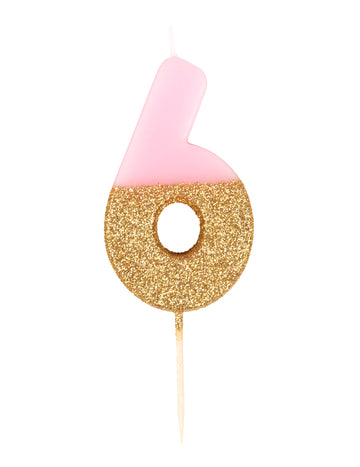 Svíčka na špejli číslo 6 růžové a zlaté třpytky 13.8 cm na dort