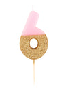 Bougie sur pique chiffre 6 pour gâteau rose et dorée pailletée