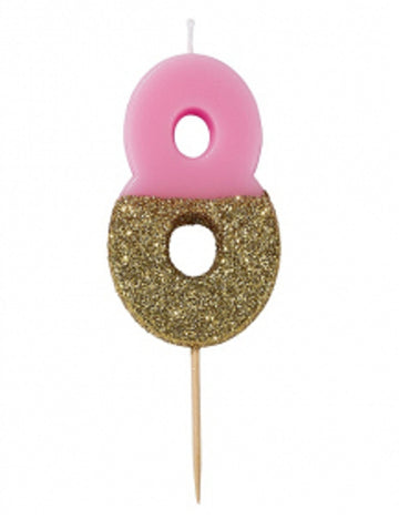 Svíčka na špejli číslo 8 růžové a zlaté třpytky 13.8 cm na narozeninový dort