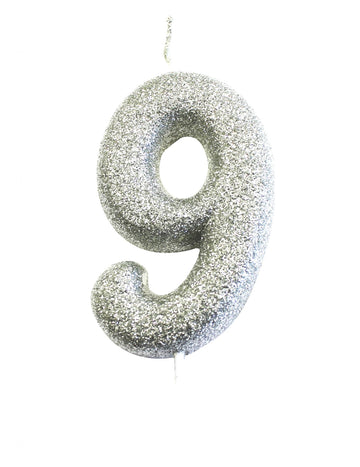 Svíčka na špejli číslo 9 třpytivá stříbrná 7 cm na narozeninový dort