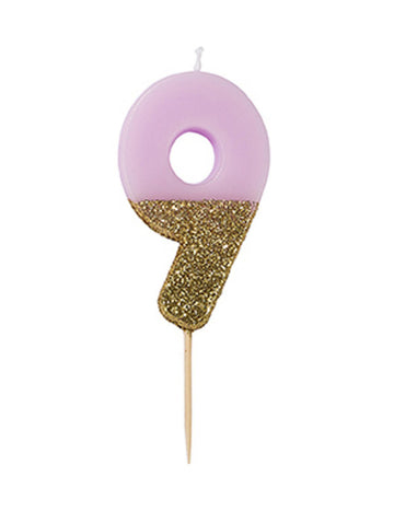 Svíčka na špejli číslo 9 růžové a zlaté třpytky 13.8 cm na narozeninový dort