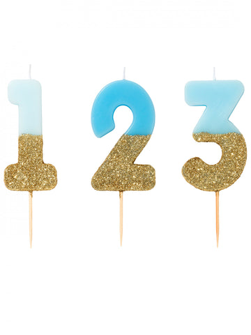Svíčka na špejli modrá a zlatá třpytivá čísla 13.8 cm na dort