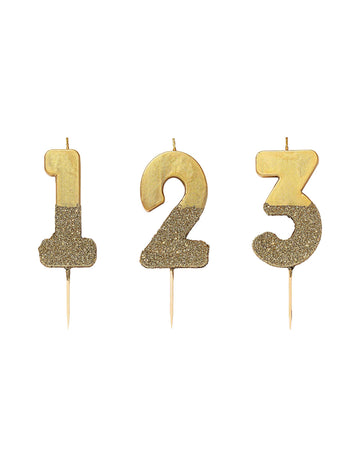 Svíčka na špejli se zlatými třpytkami číslo 13,8 cm