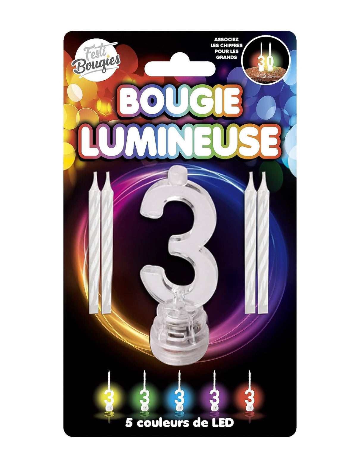 Svítící LED svíčka číslo 3 k narozeninám vícebarevné