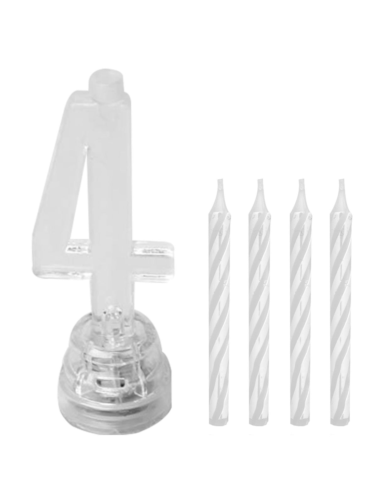 Détail du support transparent et des bougies blanches de la bougie lumineuse LED chiffre 4