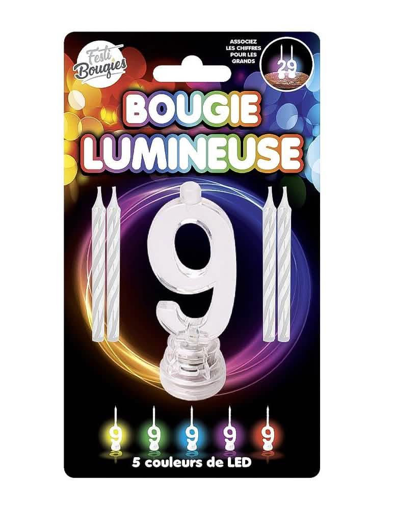 LED svíčka ve tvaru číslice 9 na narozeniny s 5 barvami LED