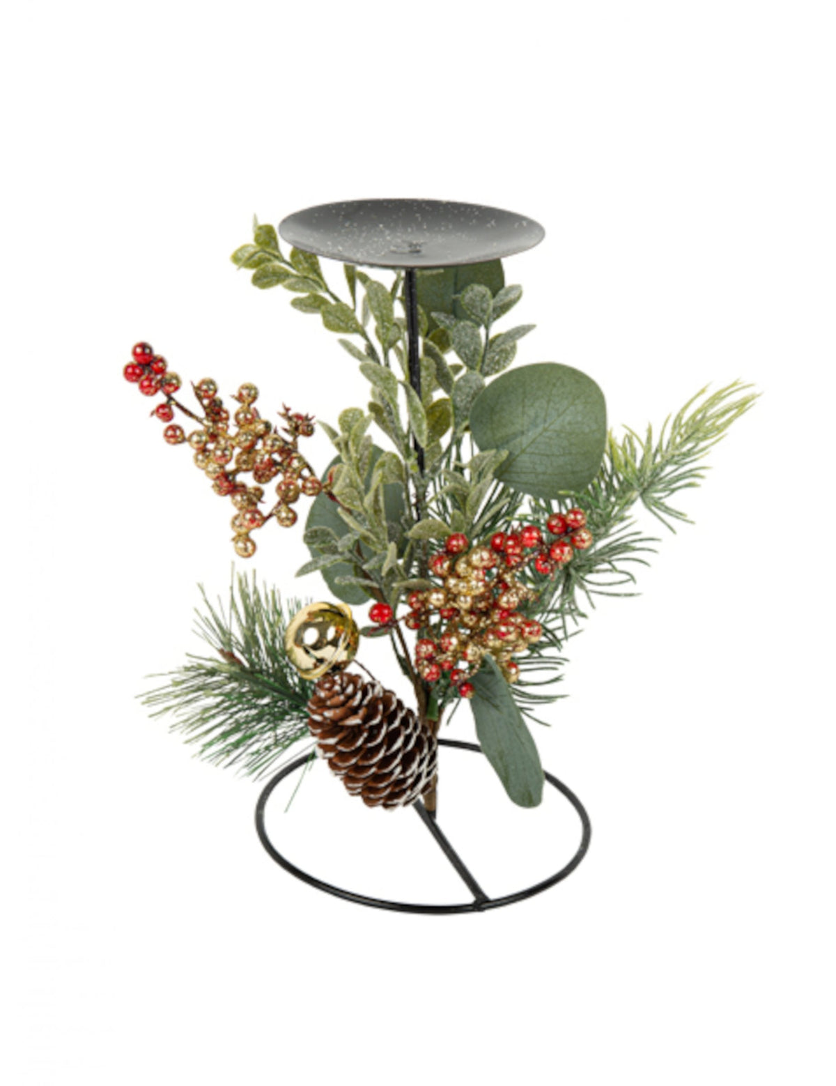 Bougeoir traditionnel et végétal décor de Noël noir avec pomme de pin et baies rouges et dorées