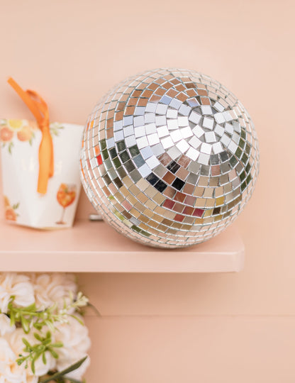 Discokugel zum Aufhängen, Spiegelglas, Silber, 16cm, steckbar, Disco-Deko