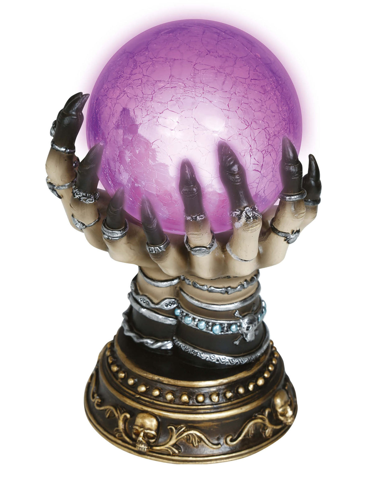 Boule de cristal lumineuse avec mains de voyante pour adulte violette et socle doré